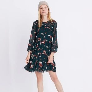 Madewell: Sheer-Sleeve Pintuck Ruffle Dress in Spruce Blooms